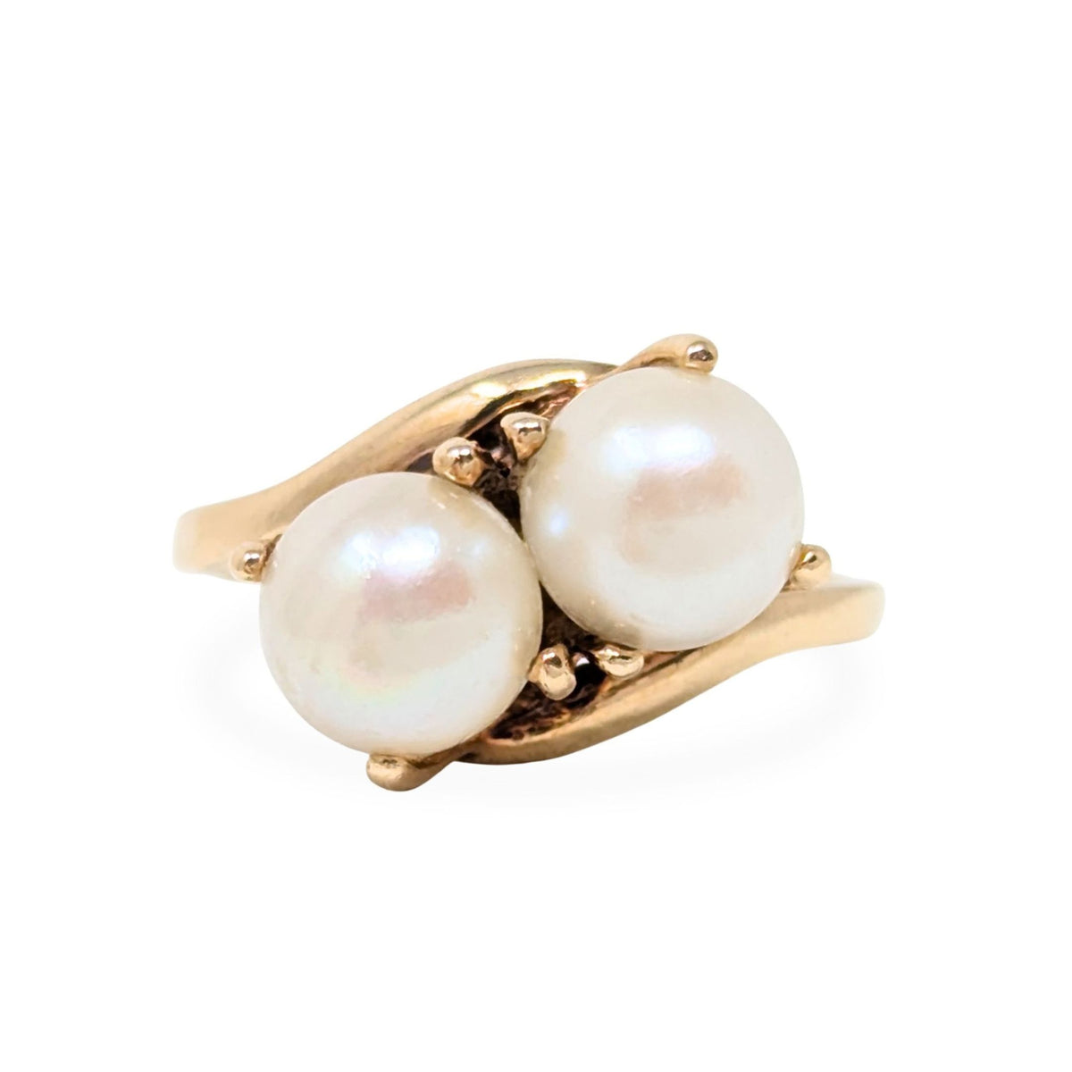 Vintage 10K Yellow Gold Twin Pearl Bypass Ring - Size 6.25, 3.1g