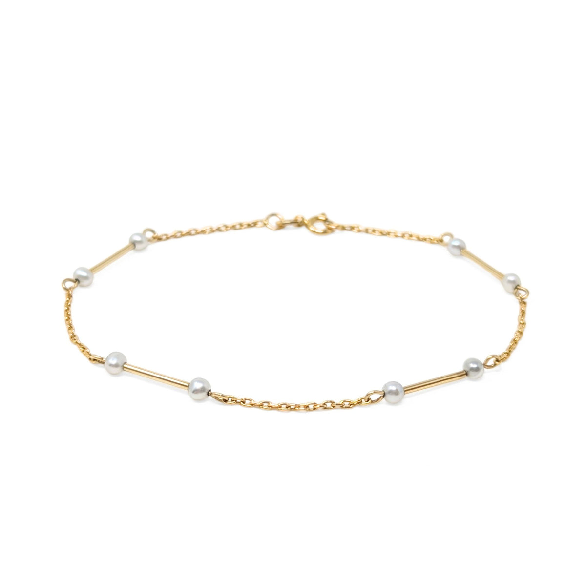 Vintage 14K Yellow Gold 7" Minimalist Bar and Pearl Station Bracelet, 0.7g