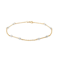 Vintage 14K Yellow Gold 7" Minimalist Bar and Pearl Station Bracelet, 0.7g