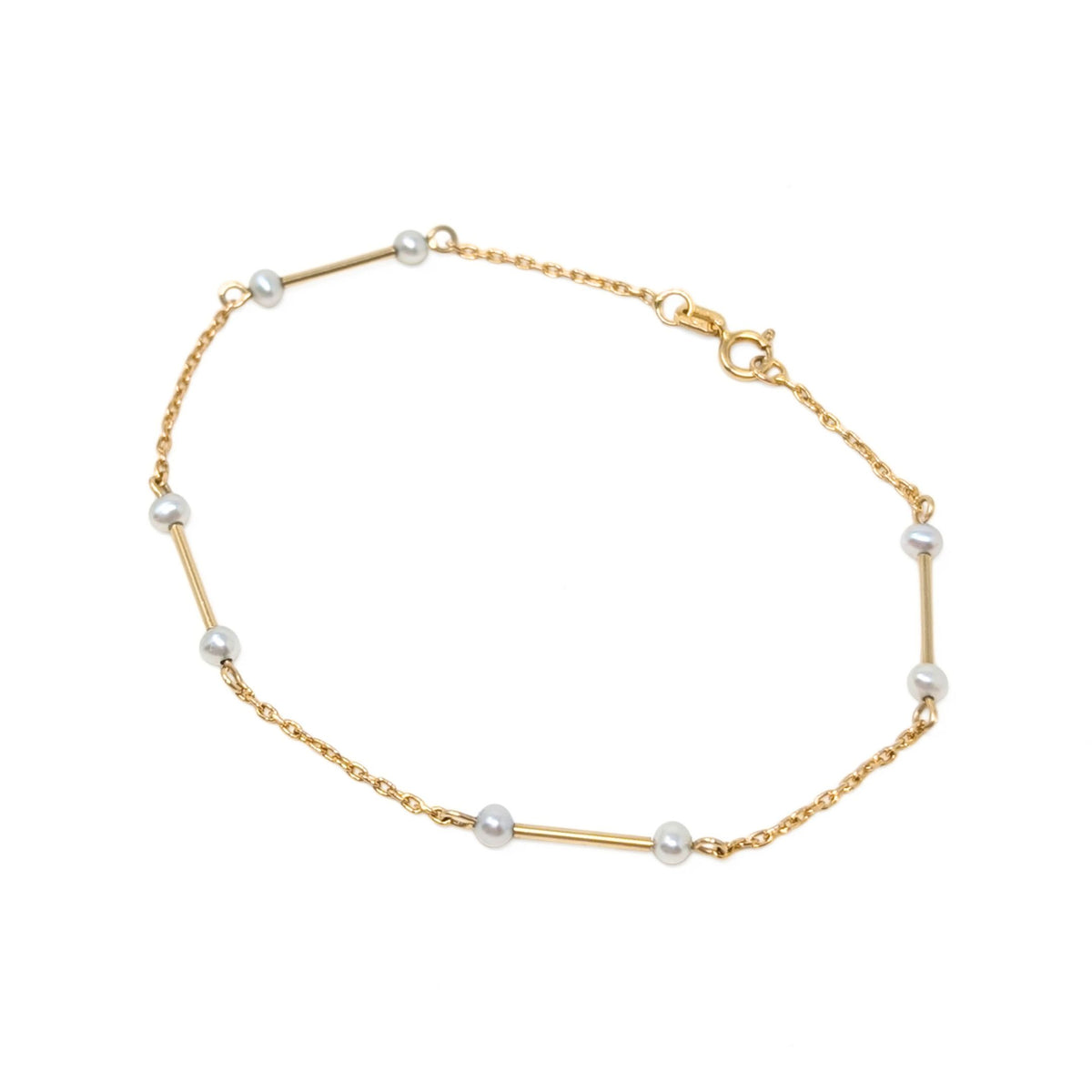 Vintage 14K Yellow Gold 7" Minimalist Bar and Pearl Station Bracelet, 0.7g