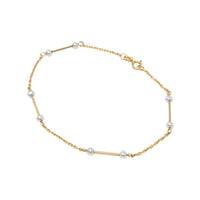 Vintage 14K Yellow Gold 7" Minimalist Bar and Pearl Station Bracelet, 0.7g