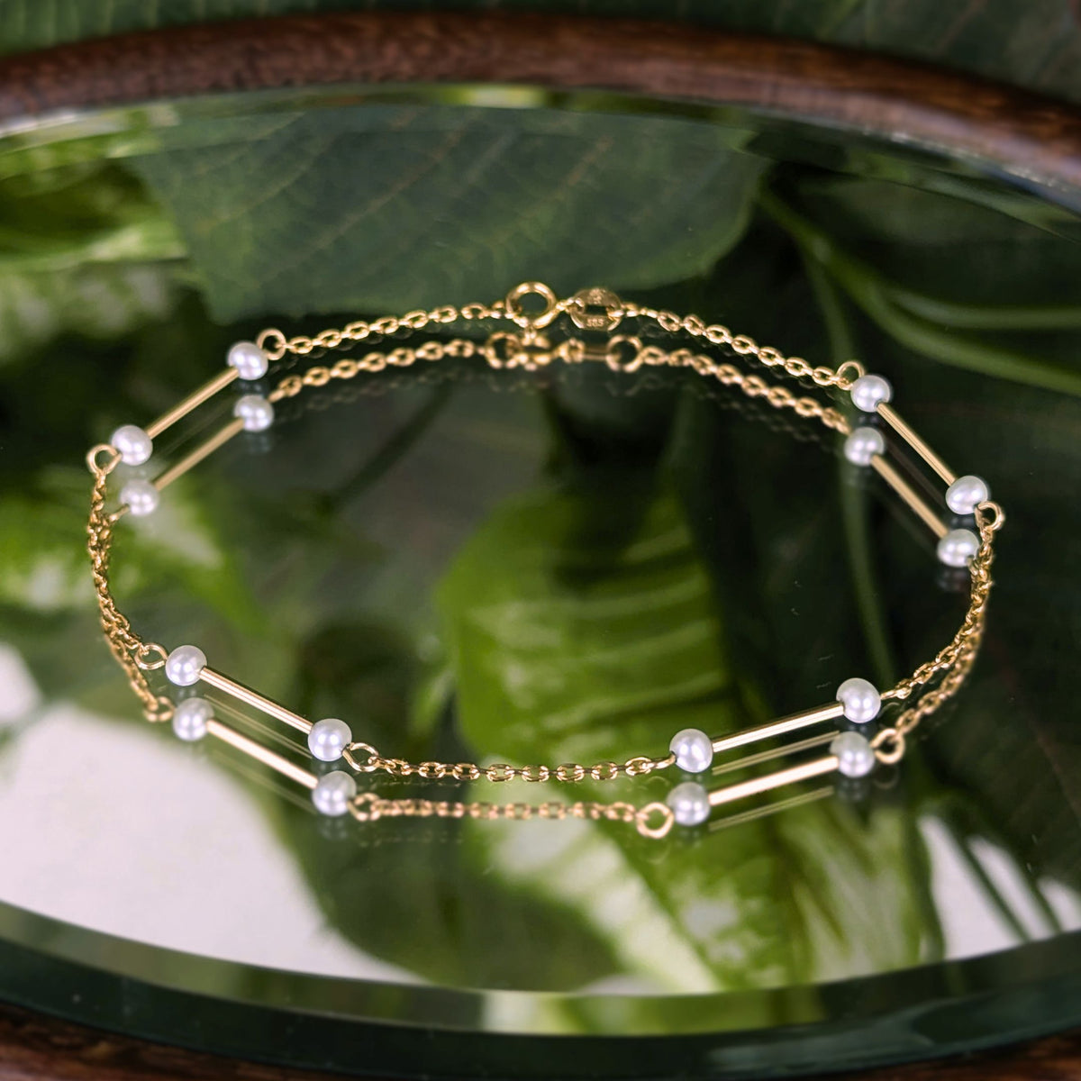 Vintage 14K Yellow Gold 7" Minimalist Bar and Pearl Station Bracelet, 0.7g