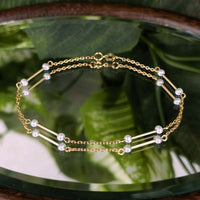 Vintage 14K Yellow Gold 7" Minimalist Bar and Pearl Station Bracelet, 0.7g