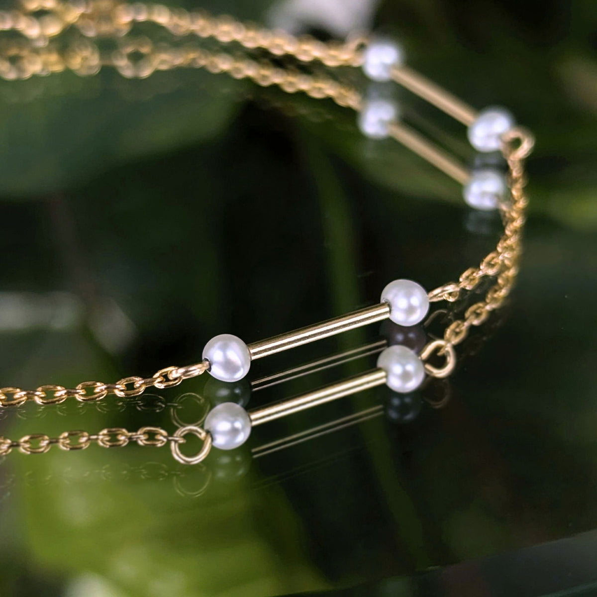 Vintage 14K Yellow Gold 7" Minimalist Bar and Pearl Station Bracelet, 0.7g