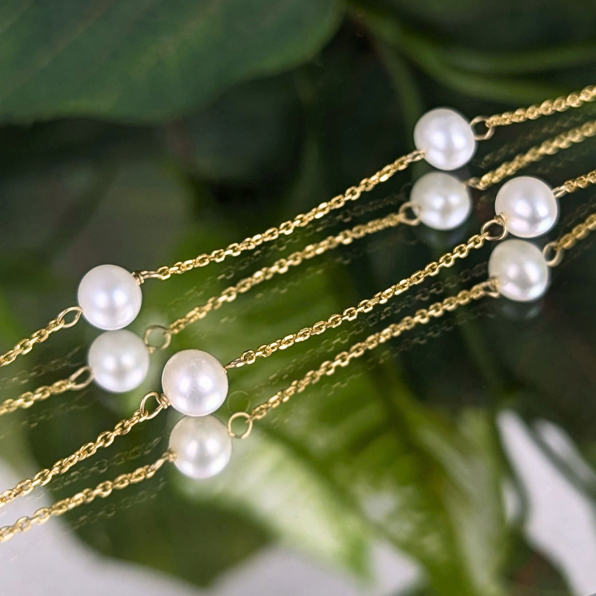 RCI 14K Yellow Gold 16” Floating Pearl Station Chain Necklace