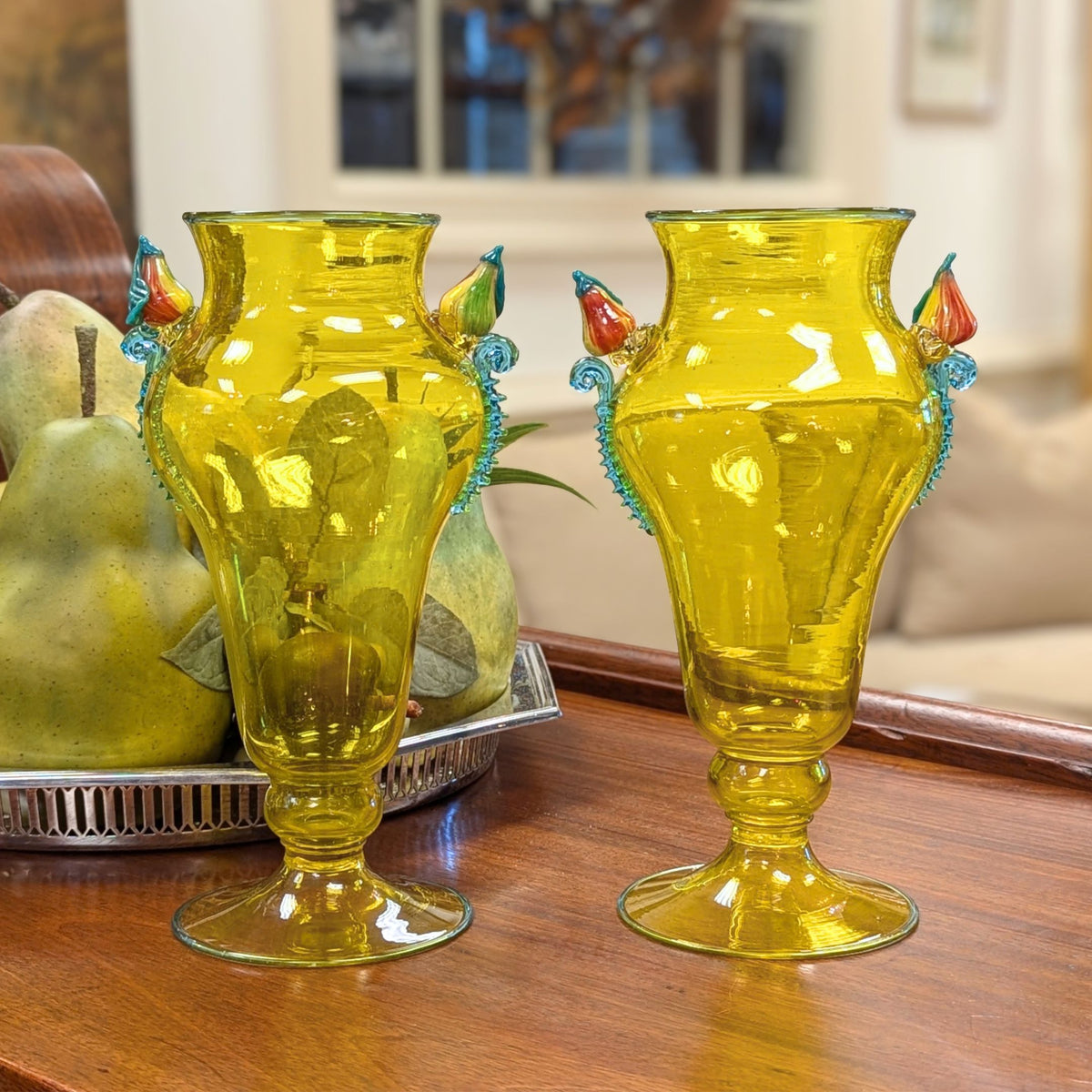 Vintage Yellow Murano Glass 9" Footed Fruit Motif Vases, Rigaree Handles
