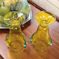 Vintage Yellow Murano Glass 9" Footed Fruit Motif Vases, Rigaree Handles