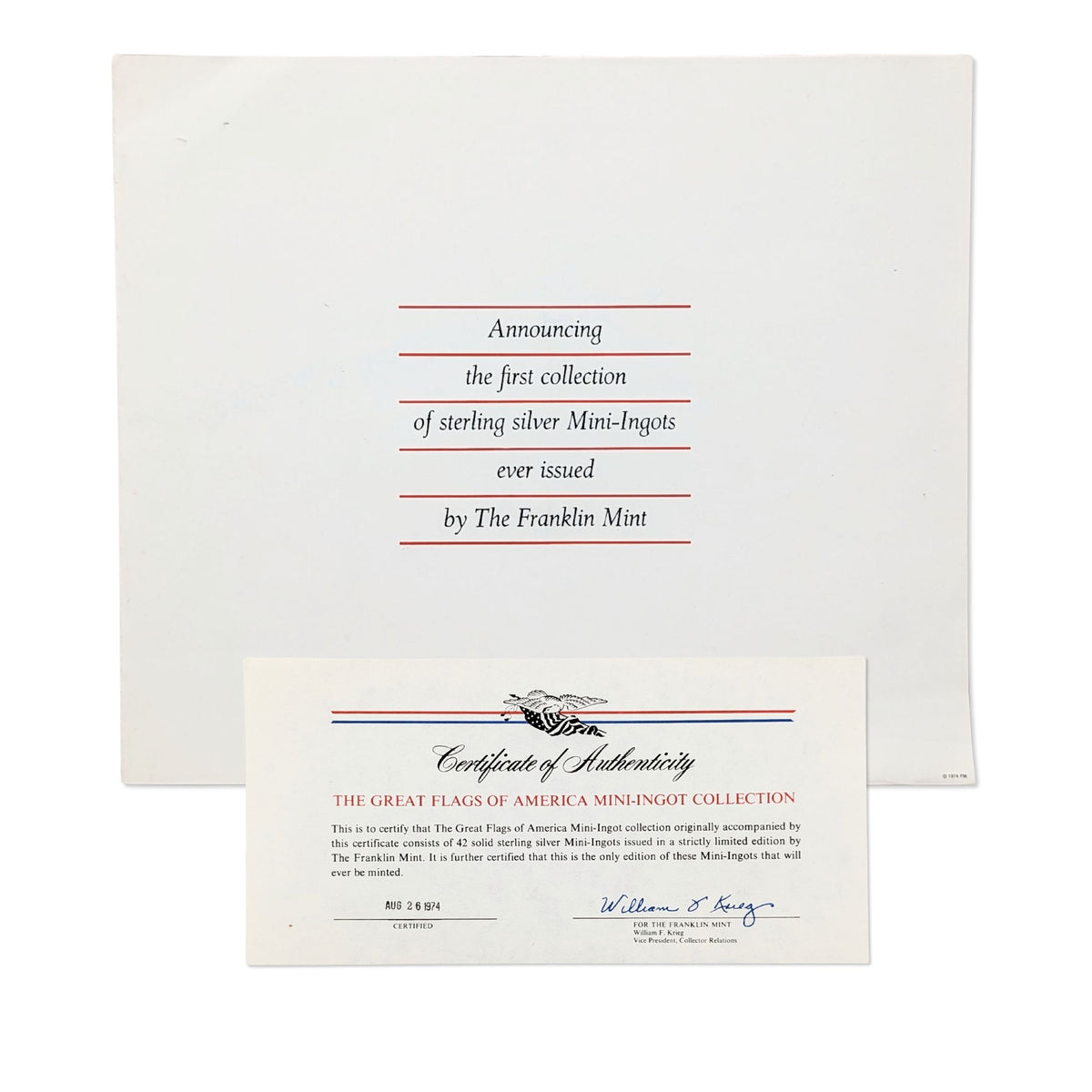 1974 Franklin Mint Great Flags of America 42 Sterling Silver Ingot Set, Case COA