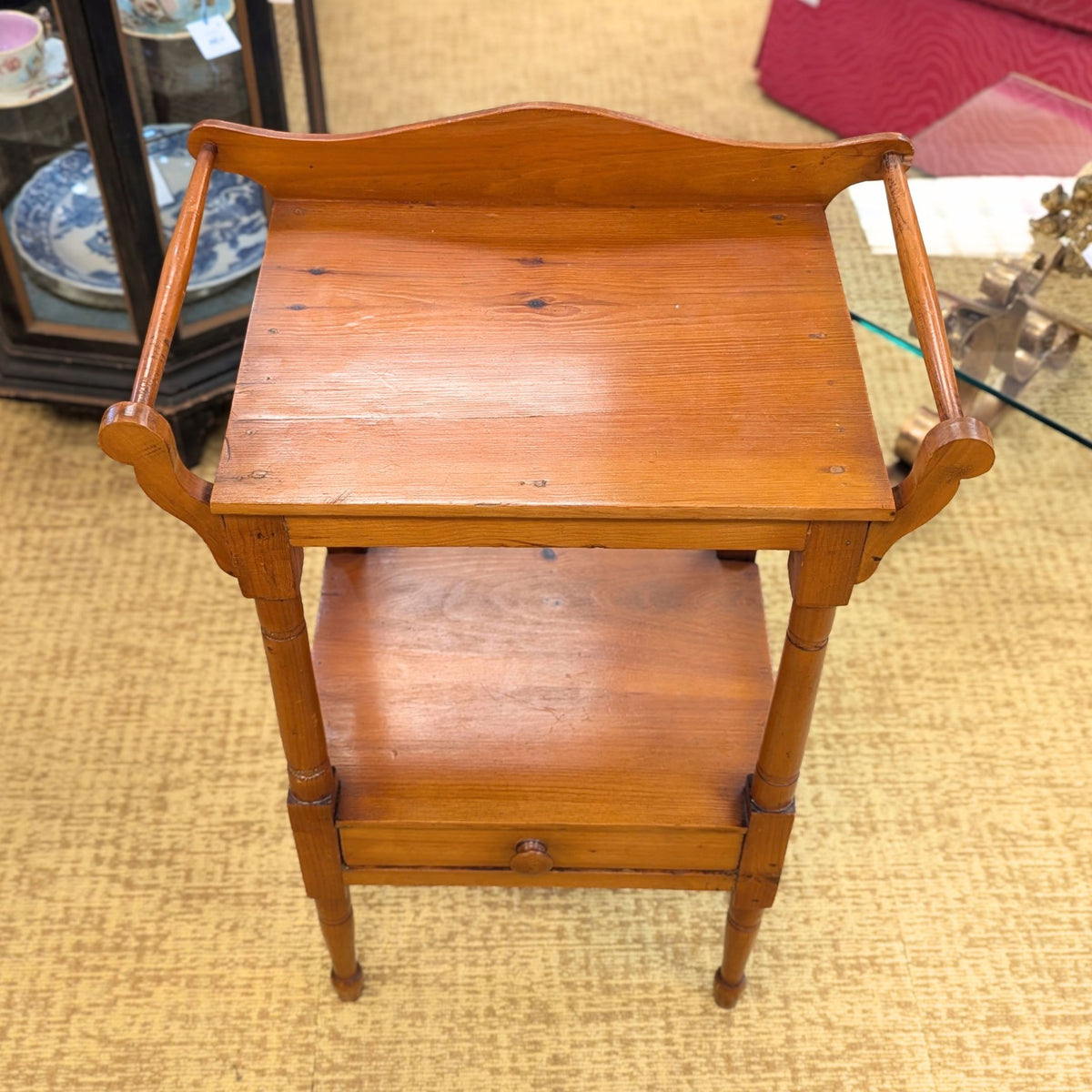 Antique 19th c. Pine Washstand Table w/ Drawer & Towel Bars, Knapp Joint Joinery