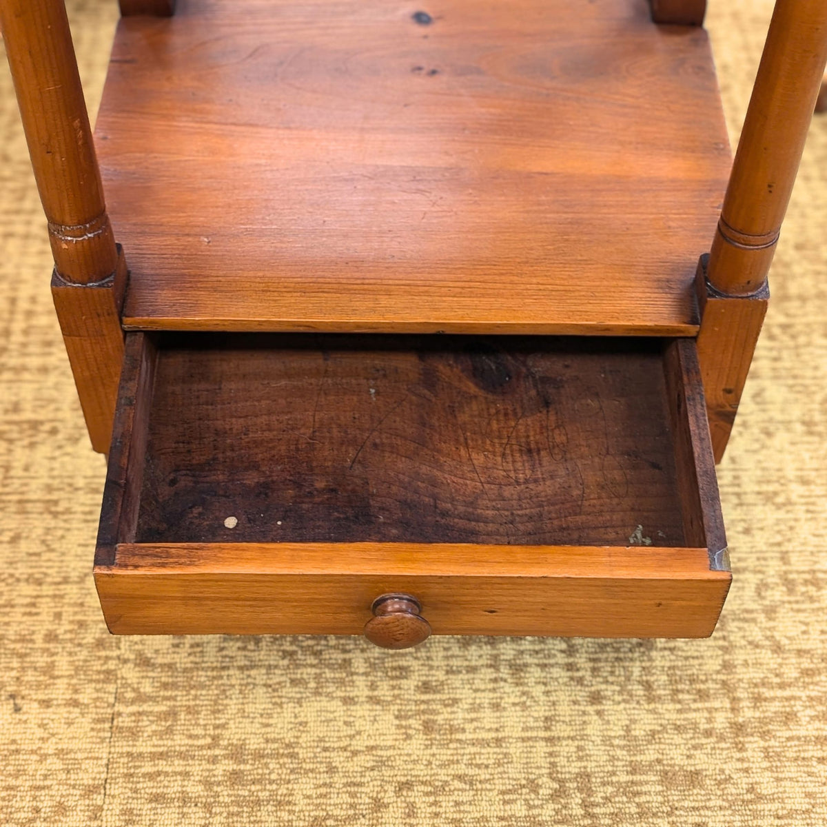 Antique 19th c. Pine Washstand Table w/ Drawer & Towel Bars, Knapp Joint Joinery