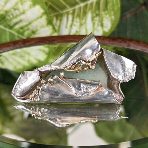 Carolista Baum Outer Banks Brutalist Sterling, Gold, Diamond, Sea Glass Brooch