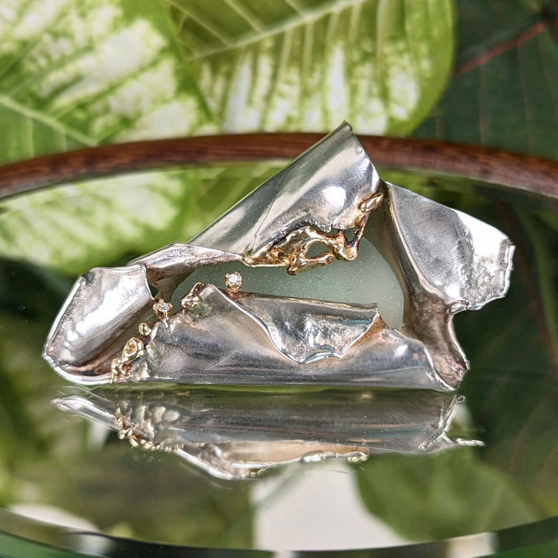 Carolista Baum Outer Banks Brutalist Sterling, Gold, Diamond, Sea Glass Brooch