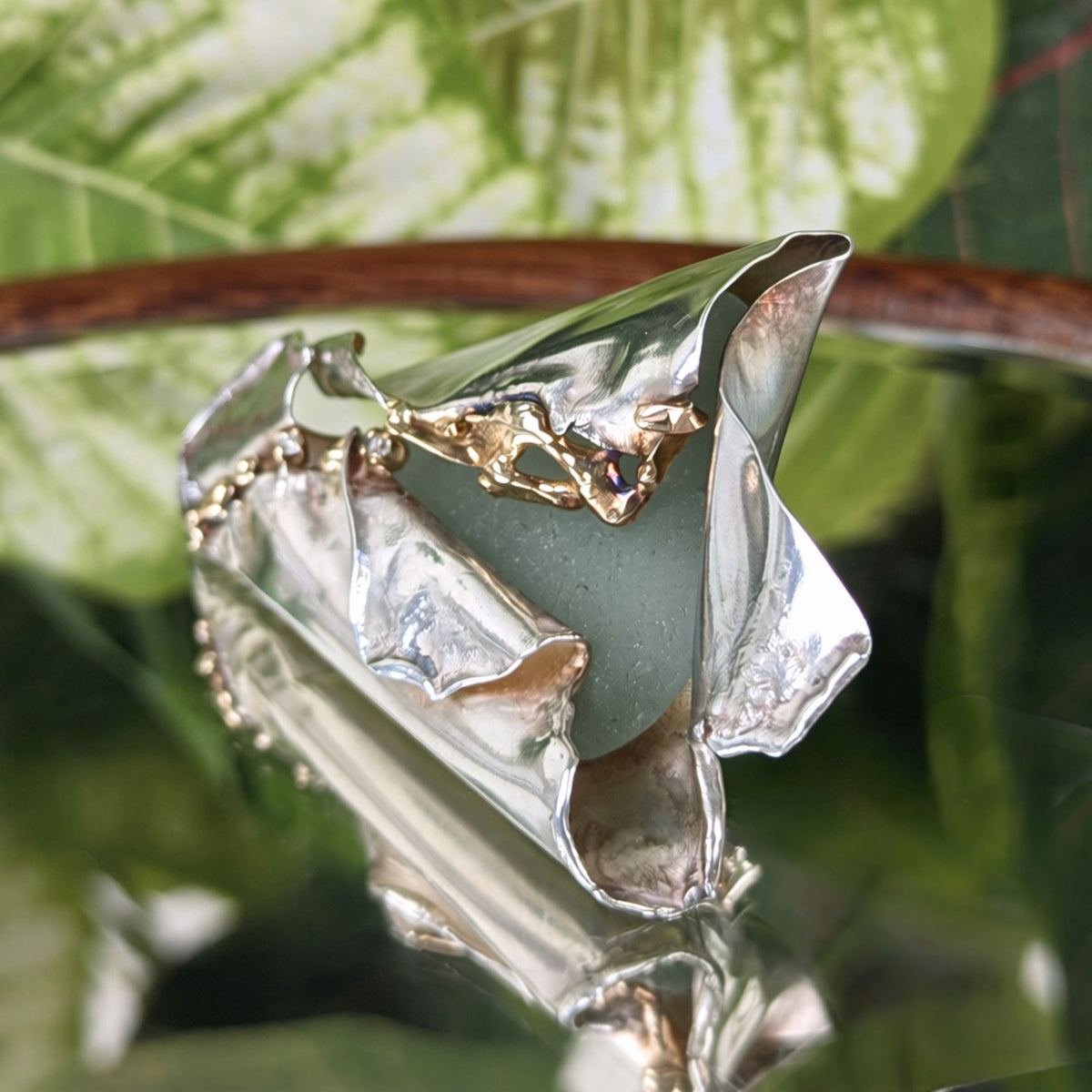 Carolista Baum Outer Banks Brutalist Sterling, Gold, Diamond, Sea Glass Brooch