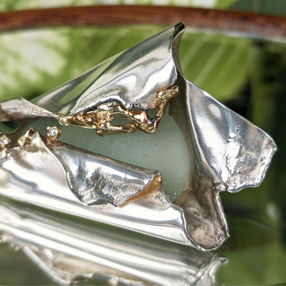 Carolista Baum Outer Banks Brutalist Sterling, Gold, Diamond, Sea Glass Brooch