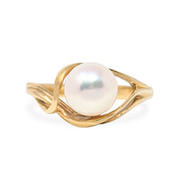 Vintage 18K Yellow Gold 7mm Cultured Pearl Bypass Ring - Size 6.25