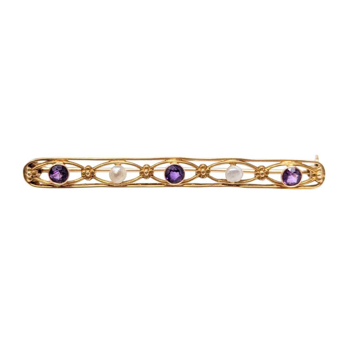 Antique Wordley Allsopp & Bliss 14K Gold Amethyst / Pearl Edwardian Bar Pin