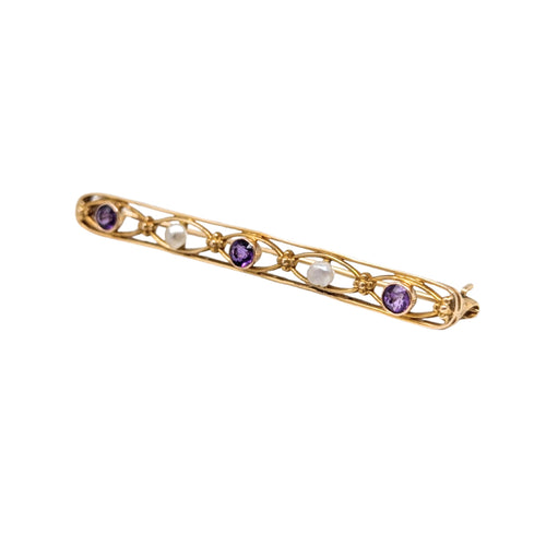 Antique Wordley Allsopp & Bliss 14K Gold Amethyst / Pearl Edwardian Bar Pin