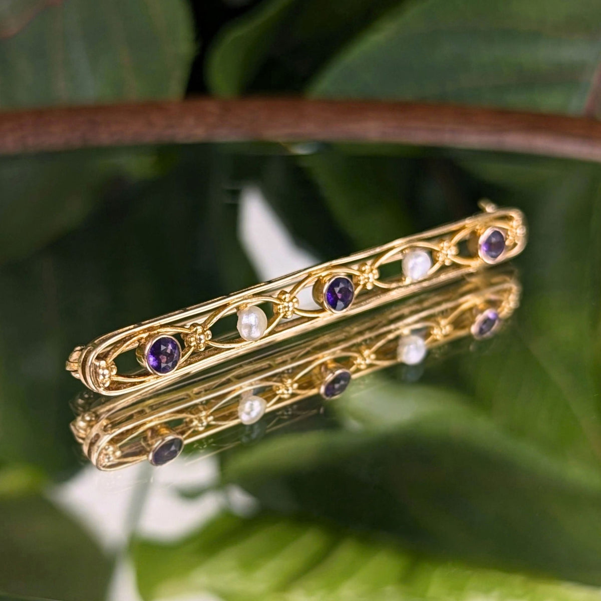 Antique Wordley Allsopp & Bliss 14K Gold Amethyst / Pearl Edwardian Bar Pin