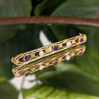 Antique Wordley Allsopp & Bliss 14K Gold Amethyst / Pearl Edwardian Bar Pin