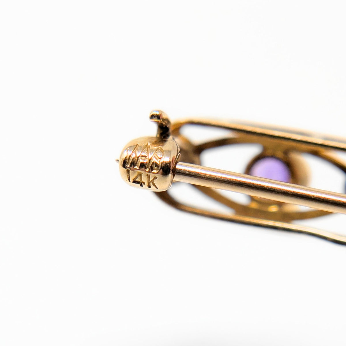 Antique Wordley Allsopp & Bliss 14K Gold Amethyst / Pearl Edwardian Bar Pin