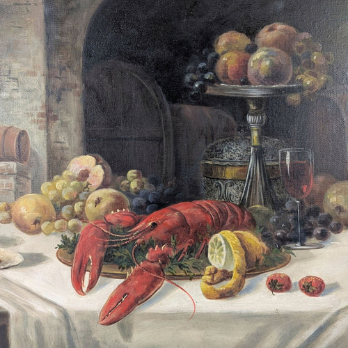 Vintage Lobster Still Life Oil Painting on Canvas, E. Tygör (33" x 23.75")