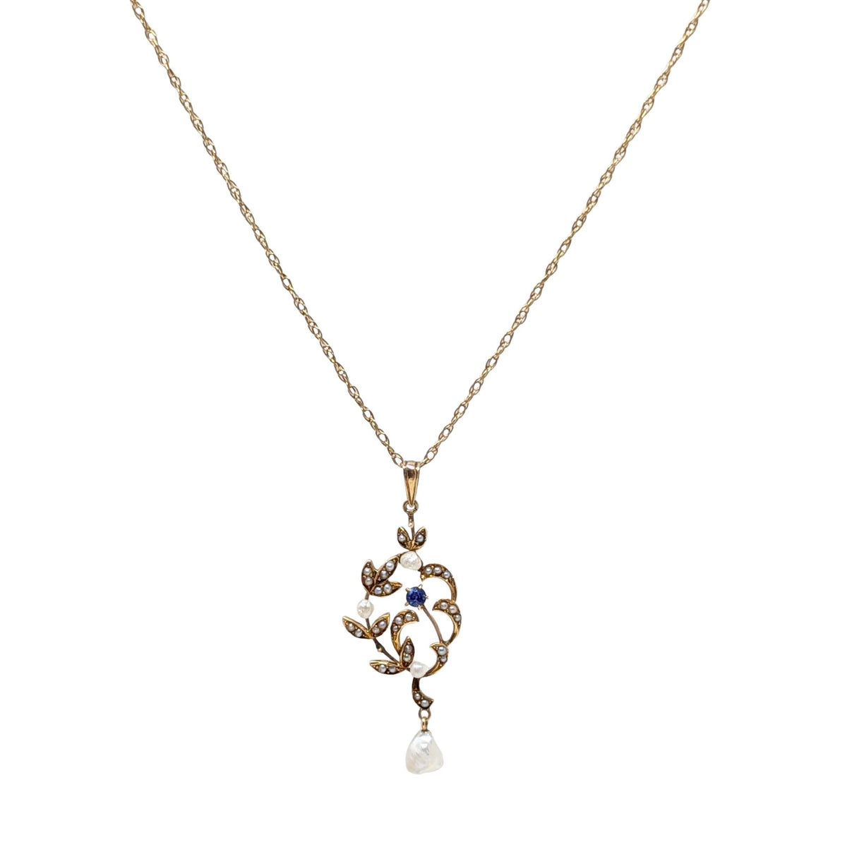 Antique Edwardian 14K/13K Gold, Blue Topaz & Pearl Lavalier Necklace, 17"
