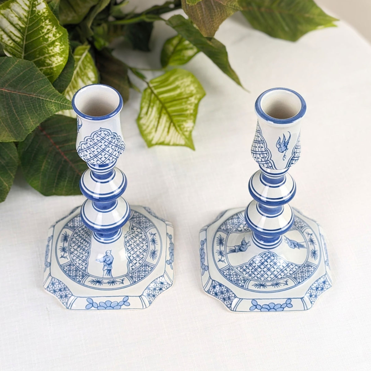 Colonial Williamsburg CW Restoration Delft Candlesticks (Pair), Blue & White