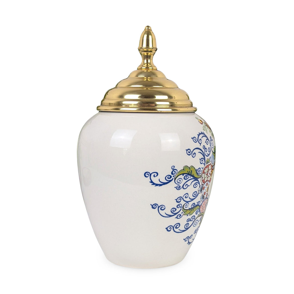 Royal Goedewaagen Delft Williamsburg VA Polychrome Tobacco Jar w/ Brass Lid