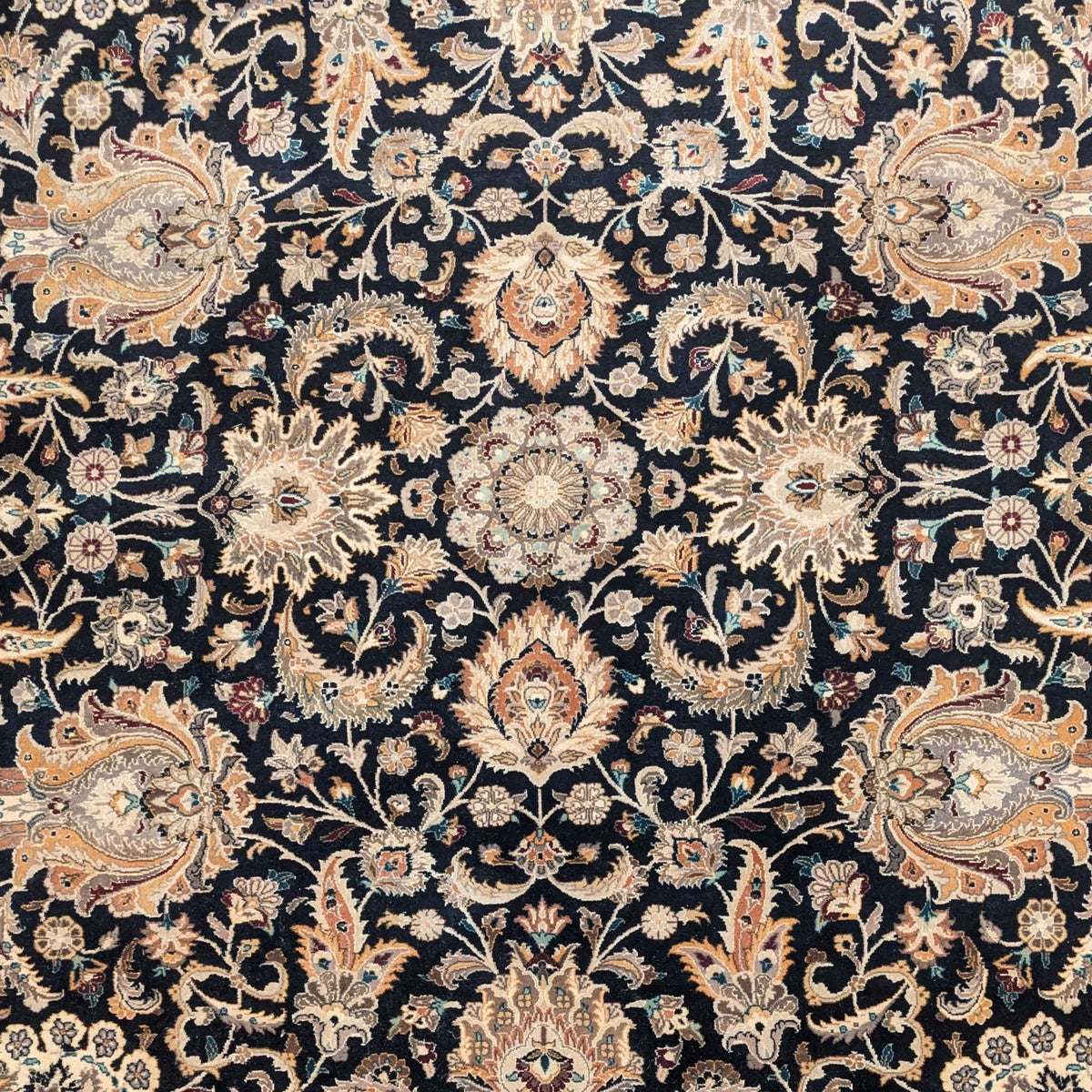 10x14 Hand-Knotted Persian Rug - Wool & Silk Blend - True Black Field - Williamsburg Estate
