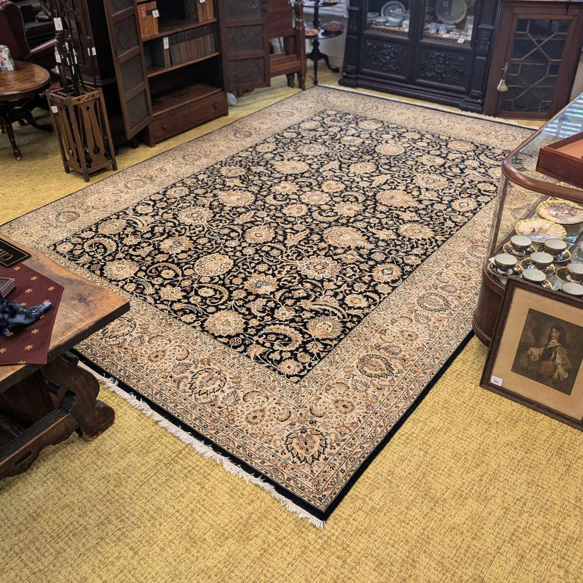 10x14 Hand-Knotted Persian Rug - Wool & Silk Blend - True Black Field - Williamsburg Estate