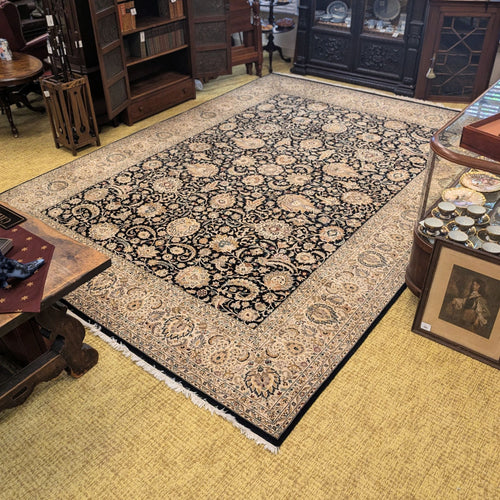 10x14 Hand-Knotted Persian Rug - Wool & Silk Blend - True Black Field - Williamsburg Estate