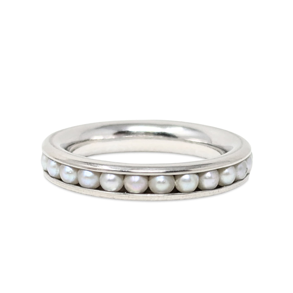 Vintage 14K White Gold 4.1mm Channel Set Pearl Eternity Band Ring, Size 7