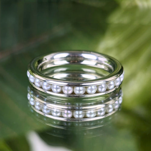 Vintage 14K White Gold 4.1mm Channel Set Pearl Eternity Band Ring, Size 7
