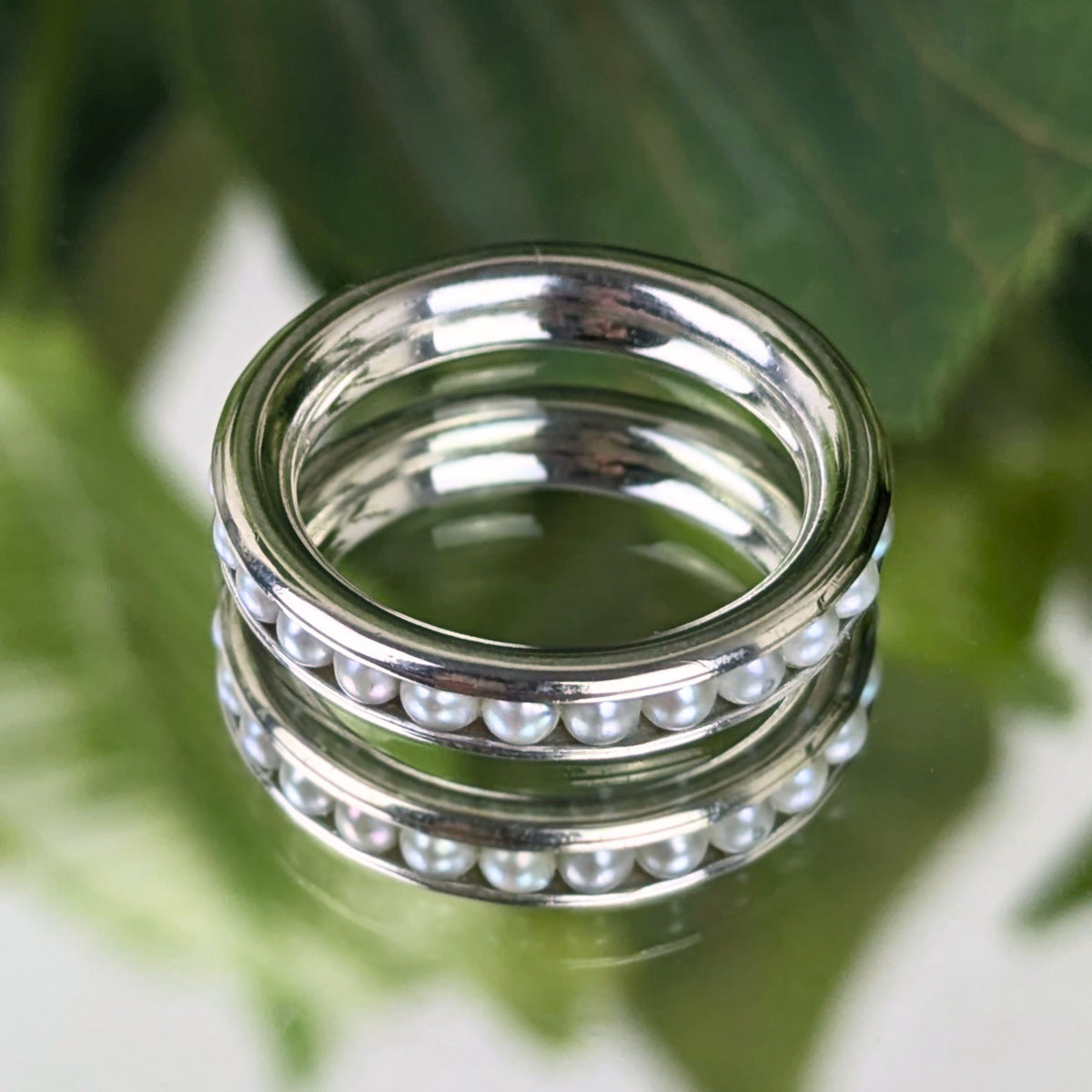 Vintage 14K White Gold 4.1mm Channel Set Pearl Eternity Band Ring, Size 7