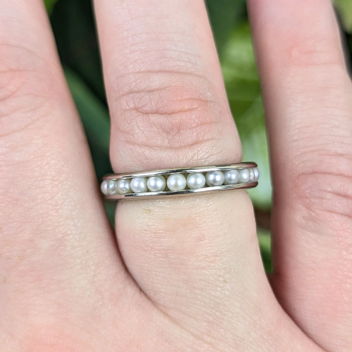 Vintage 14K White Gold 4.1mm Channel Set Pearl Eternity Band Ring, Size 7