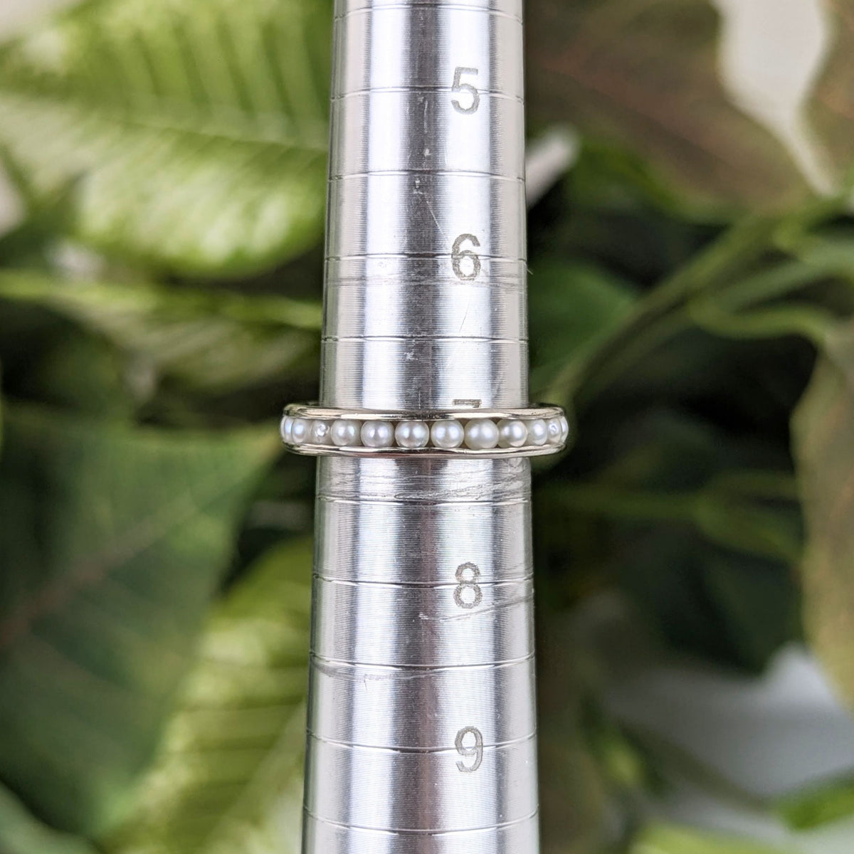 Vintage 14K White Gold 4.1mm Channel Set Pearl Eternity Band Ring, Size 7