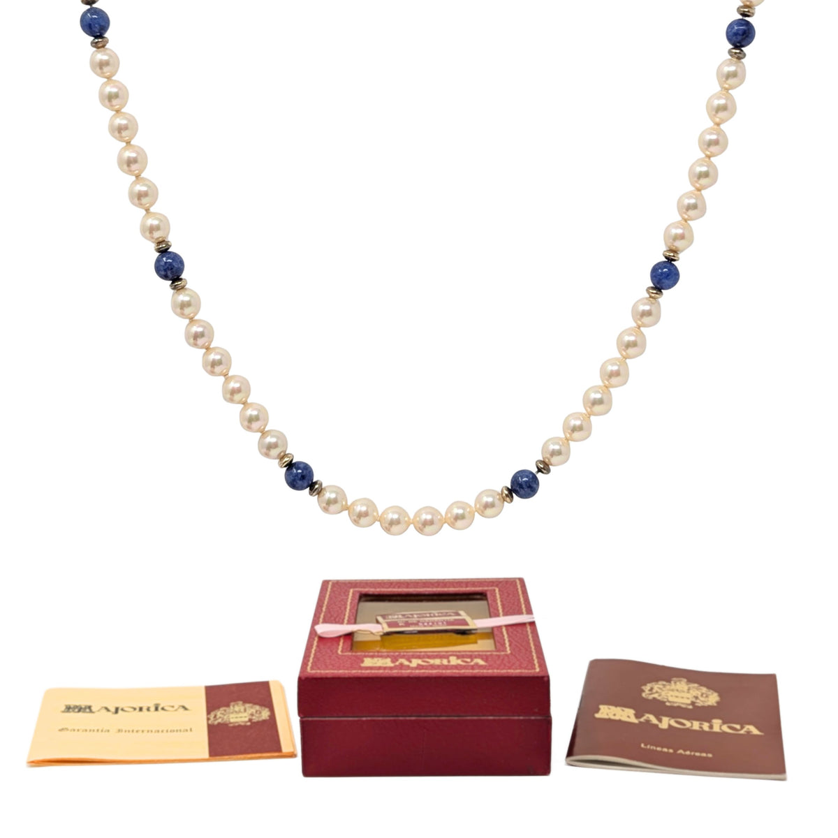 Majorica Pearl & Lapis Lazuli Necklace, 19.75", Sterling Clasp - With Box