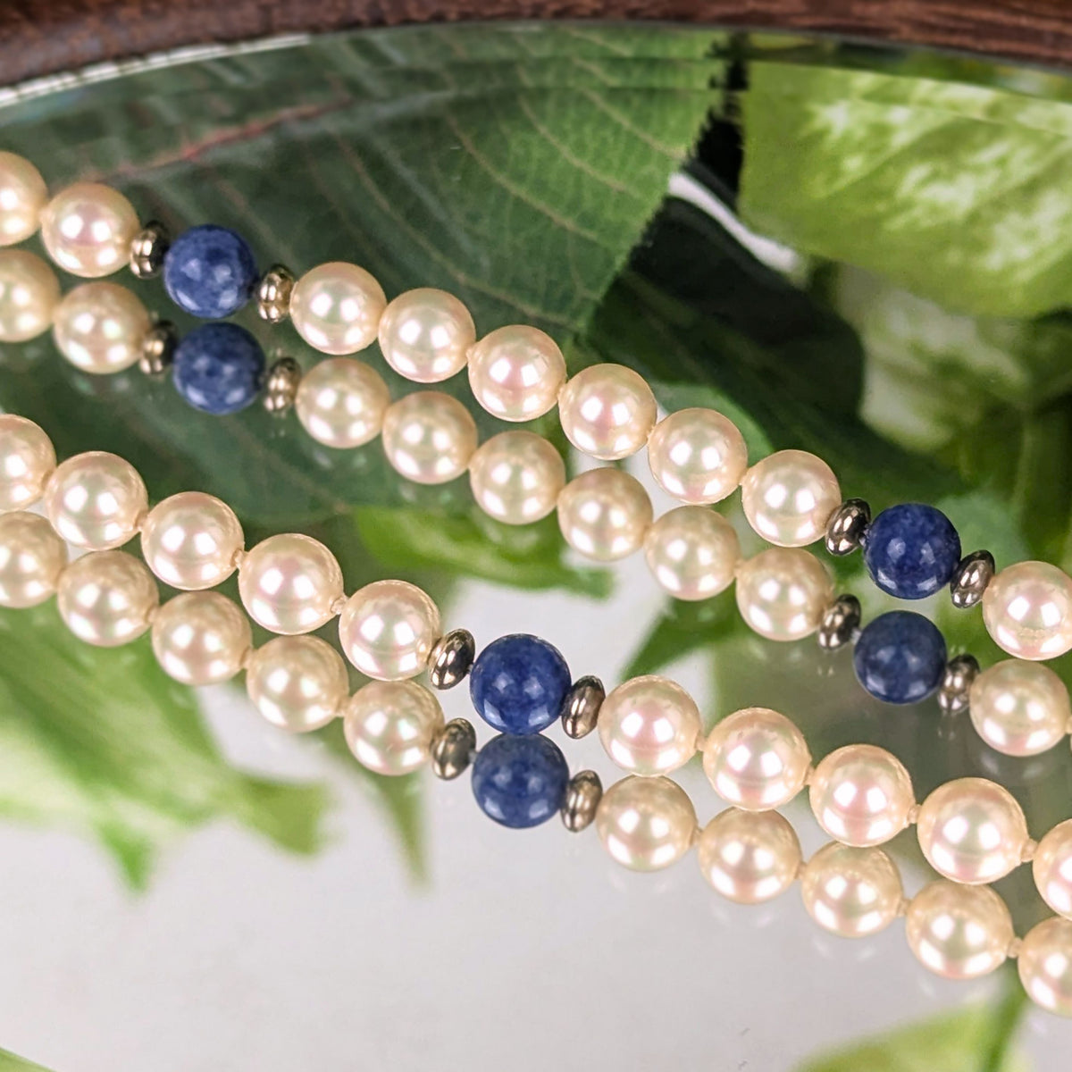 Majorica Pearl & Lapis Lazuli Necklace, 19.75", Sterling Clasp - With Box