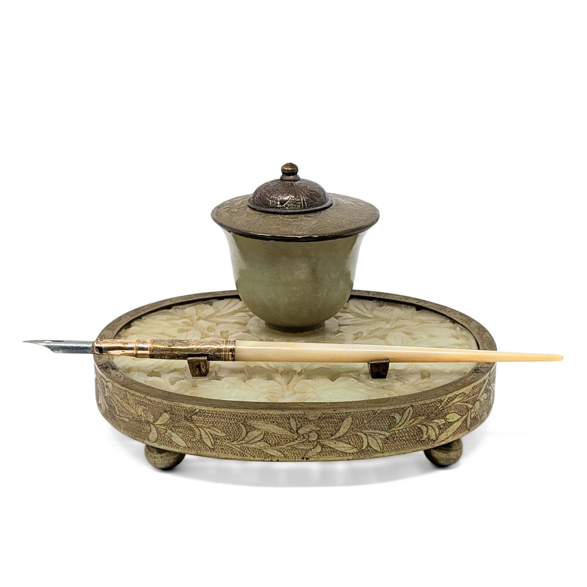 Republic Era Chinese Carved Jade Inkwell Set, Fairchild #6 Mother of Pearl Pen