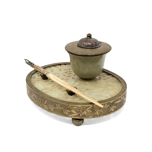 Republic Era Chinese Carved Jade Inkwell Set, Fairchild #6 Mother of Pearl Pen