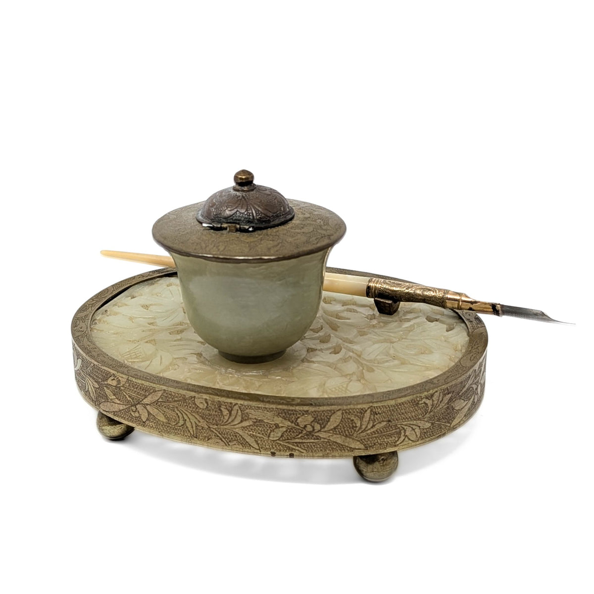 Republic Era Chinese Carved Jade Inkwell Set, Fairchild #6 Mother of Pearl Pen