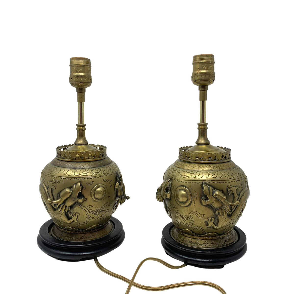 Antique Chinese Bronze Jar Dragon Lamps (Pair)