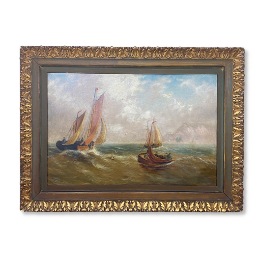 Antique French Seascape Oil on Canvas by G. Sheilds 38 x 28