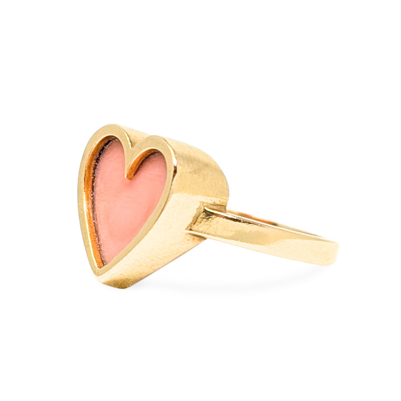 Vintage 18K Gold Pink Angel Skin Coral Heart Ring -  Size 7