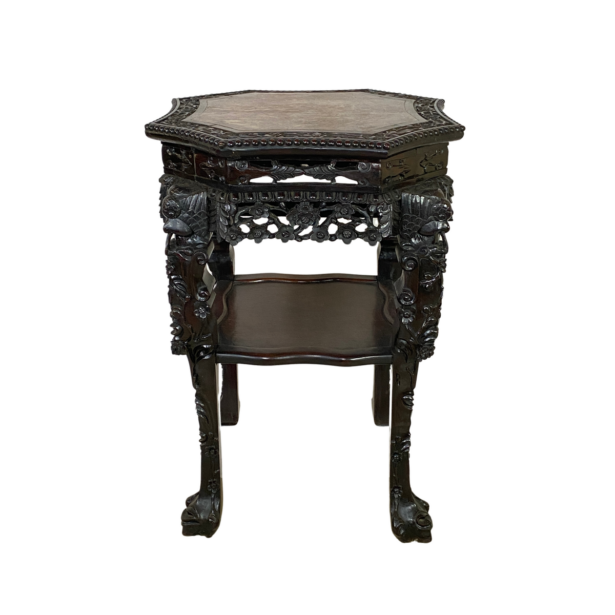 Antique Chinese Carved Rosewood Marble-Top Table / Stand