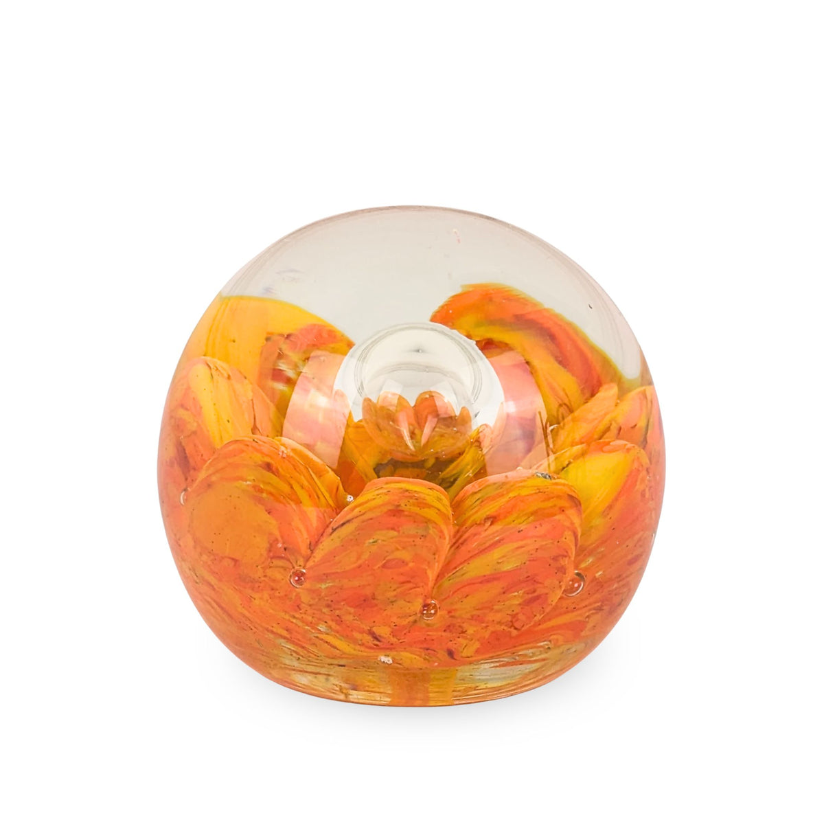 Vintage Murano Italy Art Glass Controlled Bubble Orange Flower Paperweight