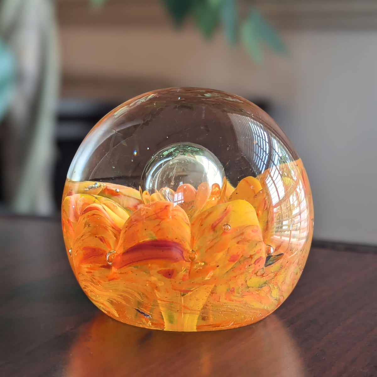 Vintage Murano Italy Art Glass Controlled Bubble Orange Flower Paperweight