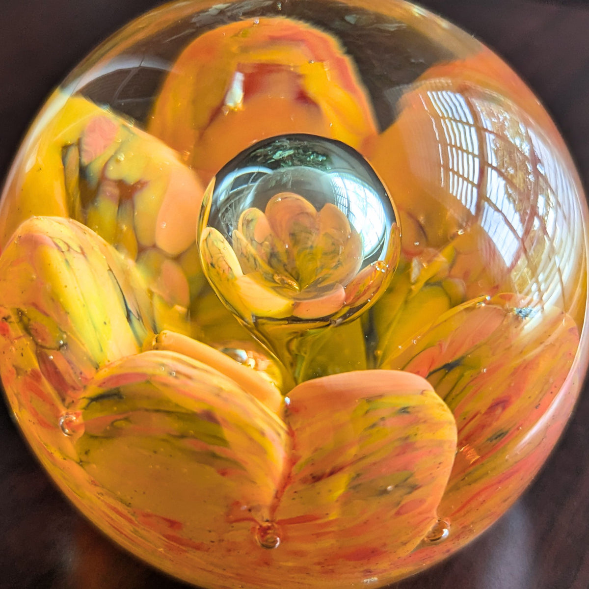 Vintage Murano Italy Art Glass Controlled Bubble Orange Flower Paperweight