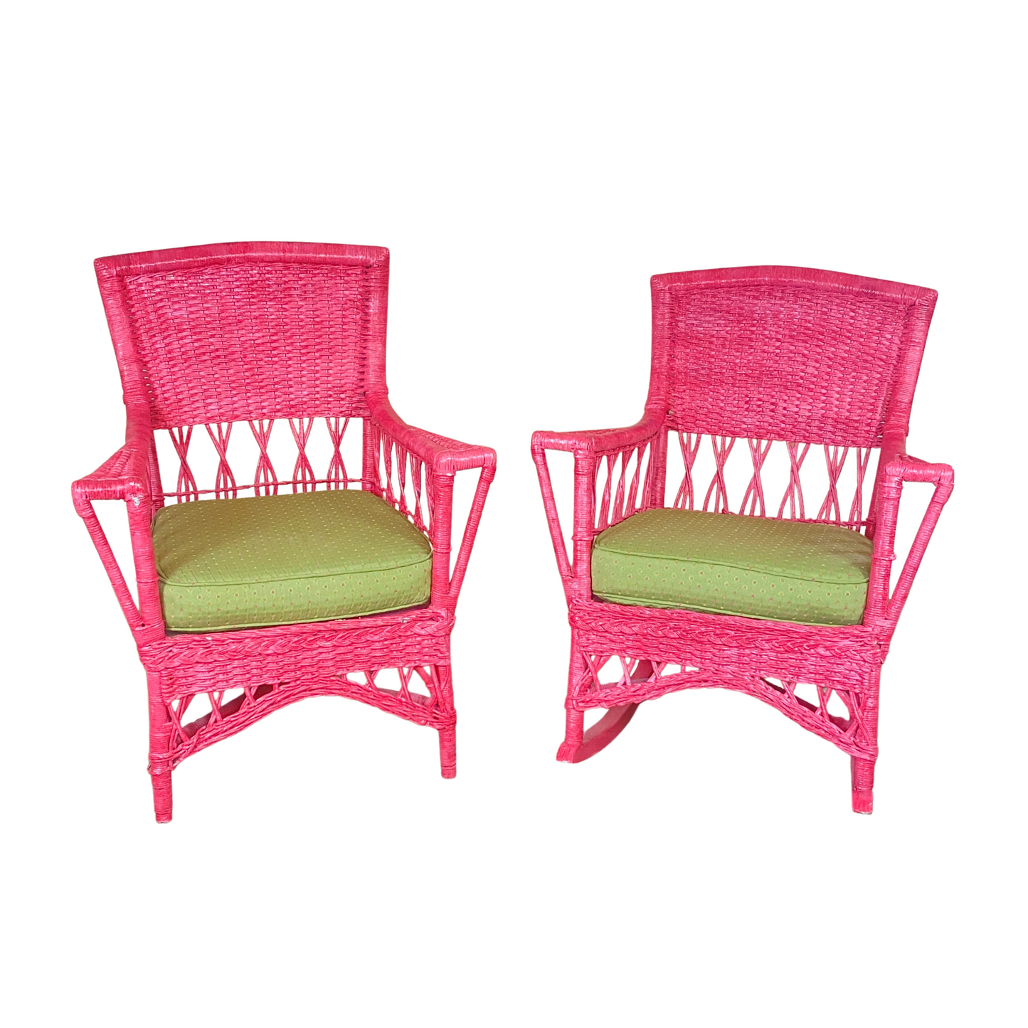 Antique Hot Pink Wicker Arm Chair & Rocker