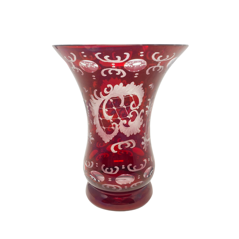 Egermann Bohemian Etched Cut to Clear Ruby Trumpet Vase